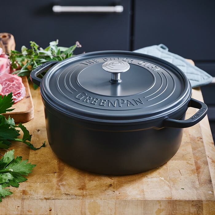 グリーンパン　フェザーウェイト　ココットラウンド　22cm　ポットホルダー2個付　グレー　/　GREENPAN