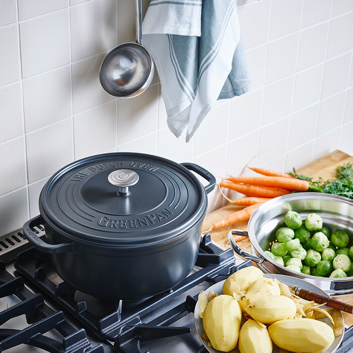 グリーンパン　フェザーウェイト　ココットラウンド　22cm　ポットホルダー2個付　グレー　/　GREENPAN