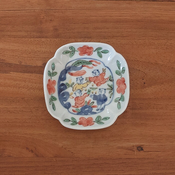 堀畑蘭 隅入豆皿 色絵 じゃんけん唐子