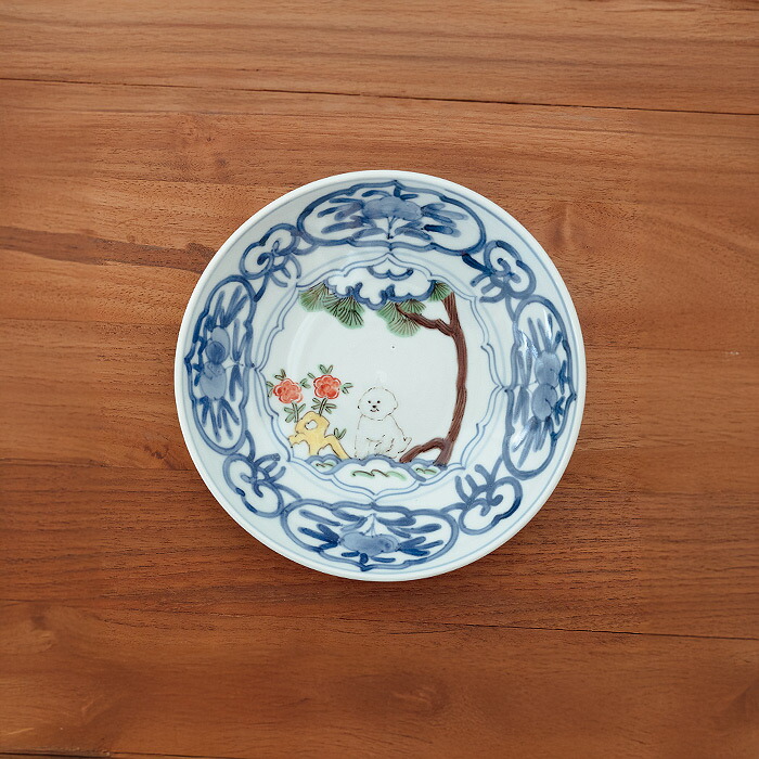 堀畑蘭 6寸深皿 色絵 松と白犬