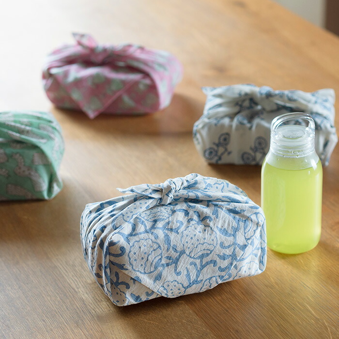 ピープルツリー　ブロックプリント　ハンカチ　フラワー・ブルー　/　People　Tree