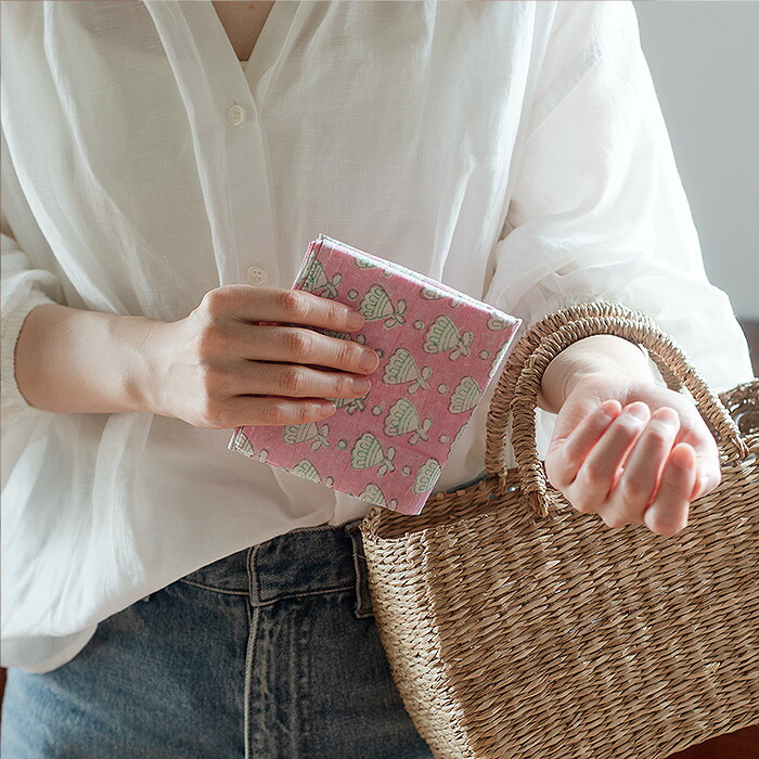 ピープルツリー　ブロックプリント　ハンカチ　フラワー・ピンク　/　People　Tree