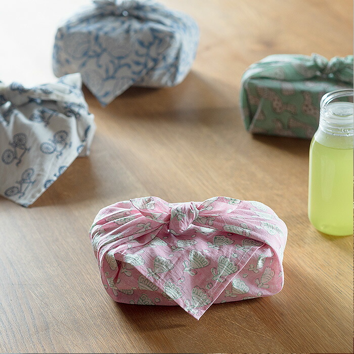 ピープルツリー　ブロックプリント　ハンカチ　フラワー・ピンク　/　People　Tree